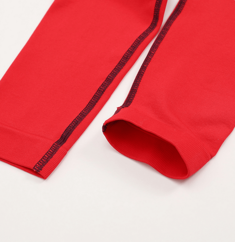 Close-up of red women's gradient seamless leggings with elastic high waist, perfect for yoga, fitness, and dance.